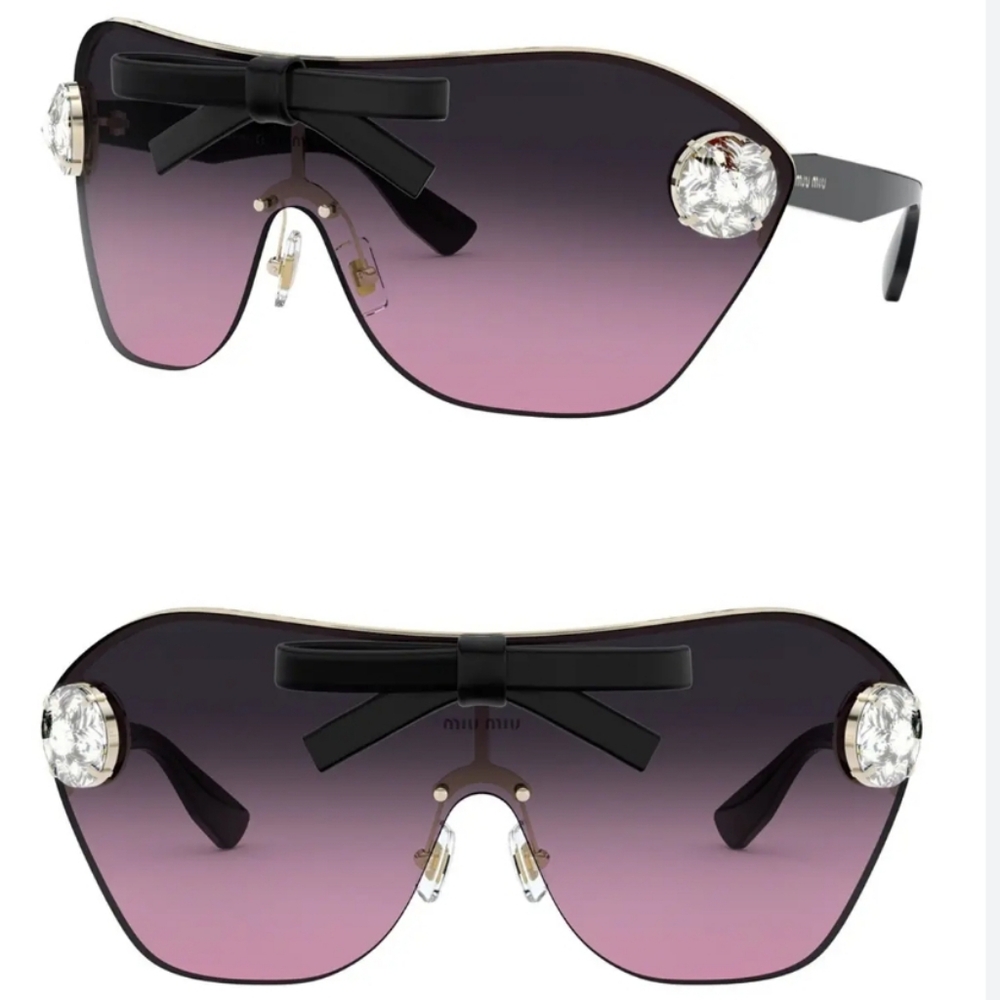 MIU MIU Luxury Pink Violet Black Crystal Leather Bow New Oversized Sunglasses